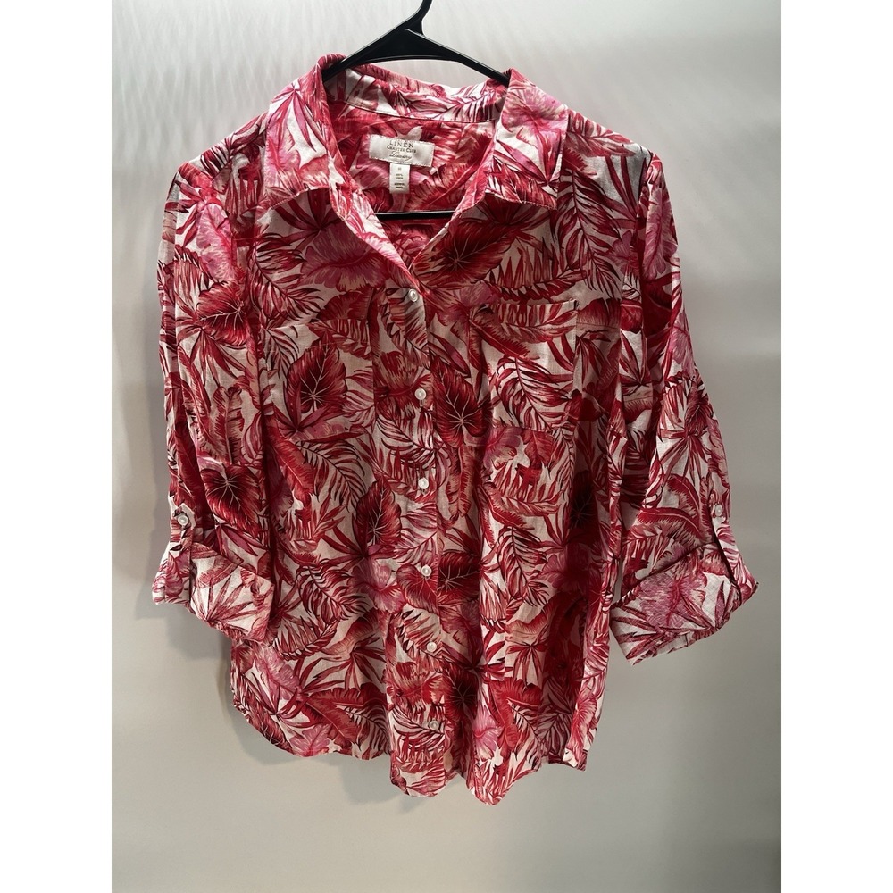 Charter Club Shirt‎ Womens M Pink & Wht Floral 100% Linen Button Up Tropical